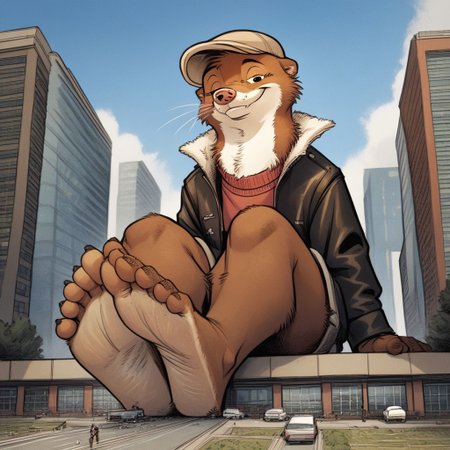 score_9, score_8_up, score_7_up, score_6_up, score_5_up, score_4_up, solo, source_furry, 1boy, city, smile, full body, seductive expression, solo, k-9
,
W33kly_BS, Weekly, Anthro Weasel, Lesser Weasel, brown weasel, brown fur, white chin, white neck, white inner ear, black eyebrows, black eyes, pink nose, whiskers, shortstack, tan hat, flat cap,  leather jacket, flight jacket, fleece collar, red sweater, khakis,
,
plantigrade, three toes, feet with three toes
,
(Sitting:1.4),  big feet, (macro, giant), looking at viewer, from below, feet focus, low-angle view, soles