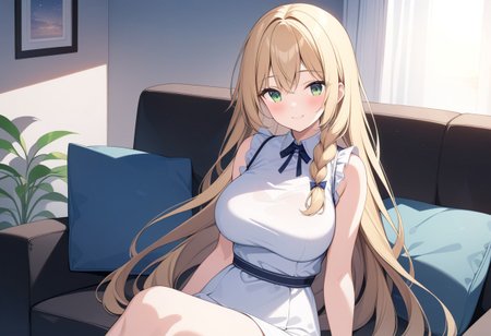(extremely detailed CG unity 4k wallpaper),(masterpiece),(best quality),(ultra-detailed),(best illustration),(best shadow),(absurdres),(detailed background), (high res image), (High image quality),(Looking at the front),(looking at the audience),(Upper Body),
（A cute white dress,）
1girl, solo, 
Blush, smile,
long hair, Large breasts,
Braided long hair, blonde, Green eyes,
evening,
While sitting on the sofa in the living room,
