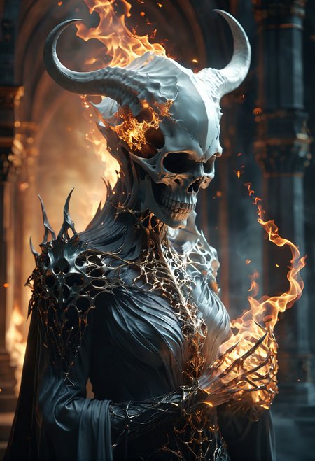 macabre style, (TQCelestialFantasy, TQ Celestial Fantasy), Angelcore aesthetics, an ethereal gloomy portrait of a lone figure, devilish, horns, fire tendrils, skull, sparks, voronoi fractures, particle system, liminal fog, bokeh, holographic colors, stunning background. warm and bright sunlight, a mesmerizing blend of light and shadow. masterpiece, absurdres, intricate details <lora:TQCelestialFantasy:0.8>, dark, gothic, grim, haunting, highly detailed