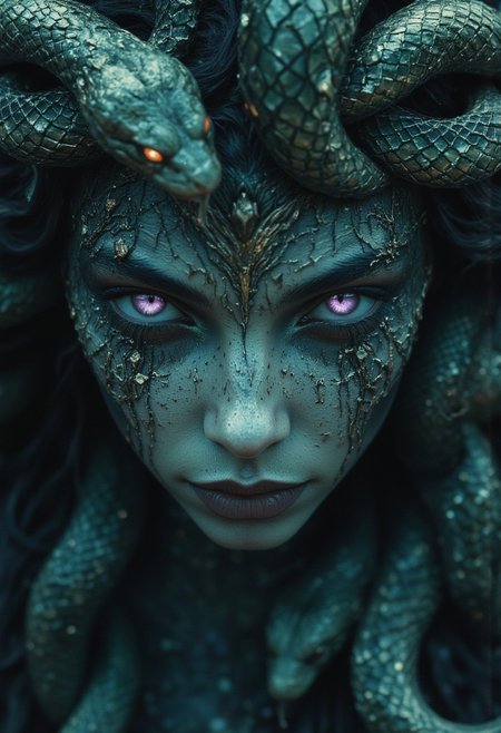 This image features a close-up of Medusa, a goddess with snake-like hair, blending dark fantasy and surreal beauty. Her face, both entrancing and fearsome, is framed by writhing serpents, each one a continuation of her body, their scales shimmering in shades of deep emerald and gold. Her eyes, a mixture of hypnotic purple and green, draw the viewer in with a predatory allure, glowing with a mystical energy that radiates power. The texture of her skin, dark and cracked like ancient stone, bears flecks of silver and gold that shimmer faintly, adding to her otherworldly presence. The snakes move restlessly, adding a sense of danger to her already commanding figure.
Her skin appears both decayed and ethereal, with cracks revealing an inner light that hints at the ancient magic she holds. Shadows dance across her face, emphasizing her haunting beauty. Metallic threads flow from her eyes like cursed tears, adding to the eerie elegance of her visage. The deep blues and blacks of the background enhance the focus on her glowing, mesmerizing eyes and the serpents coiling around her head, creating a sense of danger, mystery, and dark allure.
The overall mood is hauntingly captivating, combining beauty and terror in a way that lures the viewer into her powerful, enigmatic gaze.