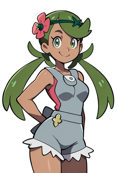 (masterpiece, best quality, good quality, very aesthetic, absurdres, newest:1.2),    medium breasts, (curvy),  ,,,  zzMallow, green hair, green eyes, hair flower, hair ornament, grey overalls, pink shirt, sleeveless, grey shorts, <lora:MallowPokemon_NAI:1.0>,  smile, looking at viewer, cowboy shot,   <lora:GoldenCATLoraNAI:1.0>,