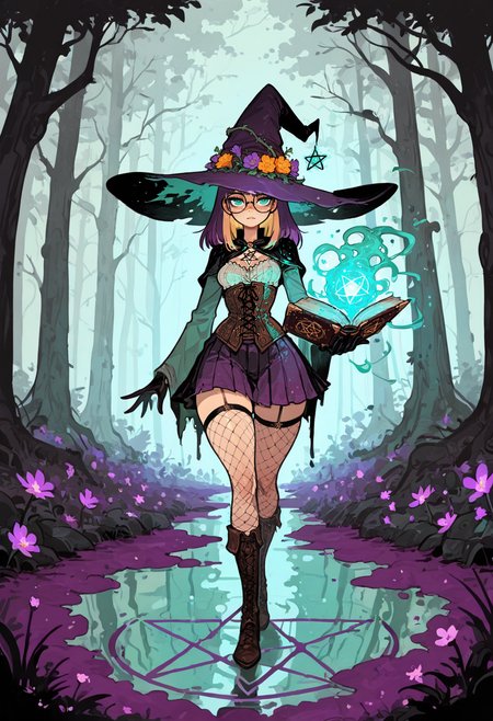 score_9, score_8_up, score_7_up, masterpiece, best quality, very aesthetic, detailed face, (dynamic:1.2), stylized, illustration, dynamic pose, (nsfw:1.2), girl, small nose, highres, absurdres,<lora:ck-shadow-circuit-IL:0.4> in the style of cksc, <lora:mon_monmon2133:0.2> <lora:Rapscallion_Illustrious:0.25> Rapscallionstyle, <lora:incoth:0.25> incoth, (incase:0.6), <lora:r17329_illu:0.35> r17329_illu, <lora:perspective:0.65> facing viewer, striking angle, perspective, (girl:1.3), (small breasts, big butt, wide hips, purple hair, blonde hairstreaks, witch girl, glasses, teal eyes, straight hair, medium hair:1.2), (witch outfit, corset, skirt, witch hat, fishnets, standing, chanting:1.1), (magic:1.3), (forest, swamp, meadow, flowers, magic ritual, pentagram on floor, moody lighting, artsy, daytime, book, atmospheric:1.2)âââ