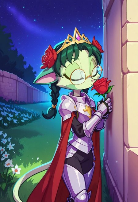 Dreamkeepers,1girl,prelude_lilith,solo,furry,tail,green hair, source_furry,glasses,magenta eyes,
child,
leaning against wall, holding a rose, smelling rose, cowboy shot, warrior girl, knight, plate armor, shoulderpads,  armored pants, body suit, cloak, decorated cape, decorated armor, gemmed armor, gauntlets, steel gauntlets, fur, armored legwear, lace trim, closed eyes closed mouth braids, tiara, flower, flowers in hair, hair ornament, long hair, looking at viewer, object namesake, outdoors, stone wall, mossy wall, winding path, meadow scenery, meadow, mossy stones, flowers, rose petals, night, star \(sky\), starry sky