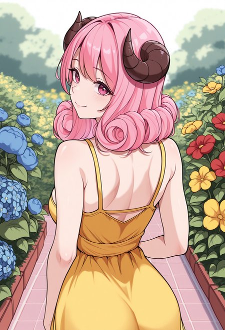 masterpiece, best quality, 1girl, solo, Ar1es, pink eyes, pink hair, medium hair, hair curls, horns, from behind, looking at viewer, yellow sundress, outdoors, garden, yellow flower, red flower, blue flower, smile, <lora:ChamAriesNoob:1>