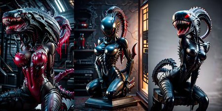 (otherworldly), highly insanely detailed, masterpiece, top quality, best quality, highres, 4k, 8k, RAW photo, (very aesthetic, beautiful and aesthetic), 
__lazy-wildcards/cosplay-char/alien-predator/xenomorph/prompts__, 
<lora:FemXeno:0.6>, 
(1girl:1.3), eyes focus, 
__lazy-wildcards/dataset/background__,âââ