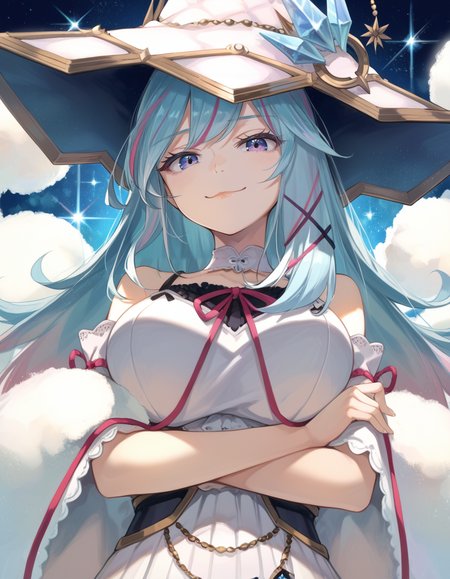 (score_9:0.9),score_8_up,score_7_up,rating_safe,anime_sytle,(zPDXL3),(zPDXL),
<lora:Rilliona, the Magistus of Verre ponyXL v1.1:0.75>,
1girl,large breasts,solo,white detached sleeves,white sleeveless dress,white witch hat,black hair ornament,fur trim boa,black corset,crystal,Rilliona the Magistus of Verre,smug,:3,from below,crossed arms,upper body,crystal,crystal_theme