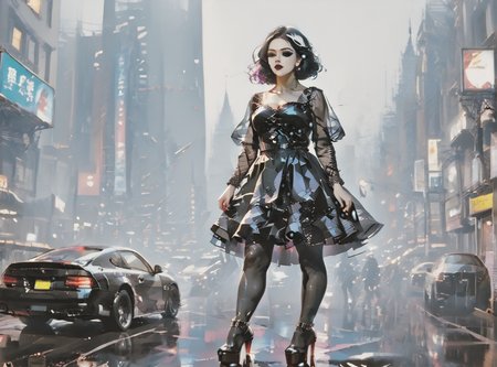 score_9, score_8_up, score_7_up, character in profile, walking, looking at surroundings, woman, pale skin, huge breasts, <lora:sm0k3XLP:1>, <lora:goth_clothes:1>, goth dress, gothic, black dress, detailed dress, black high heeled shoes, Black hair, white highlights, <lora:_sdxl-gaming-pony:1>, <lora:retro-neon-style:1> retro_neon,