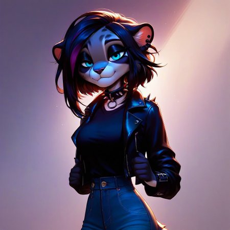 digital_media_(artwork) hi_res, score_9, score_8_up, score_7_up, score_6_up, score_5_up, score_4_up, rating_safe, beautiful, intricate, high quality details, highly detailed, amazing quality, anthro, furry, no humans, furry female, detailed textured fur, fur tufts, fluffy, cute, cute face, small, detailed sexy eyes, solo, SFW, ocelot, expressive, sassy, multicolored hair, streaked hair, absurdres, highres, shirt, denim pants, leather jacket, spiked collar, clothed slim, clothed slender, clothed skinny, goth, heavy eyeliner, heavy eye shadow, breasts, vivid colors,