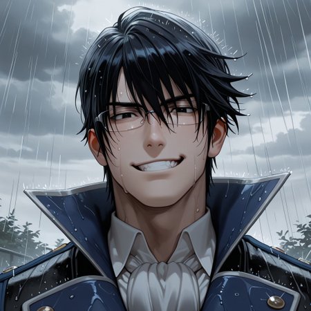 masterpiece, best quality, amazing quality, absurdres, newest, detailed background, definition so sharp, Ultra-HD, 8K cinematic, very awa, impressionate, amazing quality, highres, 
solo, male focus, manly, mature male, bara, cloud, grey, rain, 
reishimunakata, reishi_black hair, reishi_black eyes, 1boy, short hair, glasses, blue coat, white collared shirt, ascot,
smirk, excited, grin, charming, sparkle, looking at viewer,