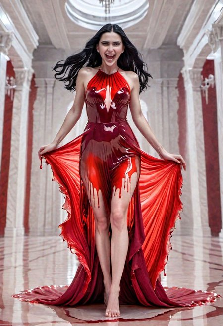 cinematic, Female Vampire, (red wave liquid dress), terrifying beauty, full body, action pose, blood flood crashing, floor of blood, long black hair, pale white skin, thin, red eyes, dangerous laugh, alluring smile with fangs, in monochromatic white marble palace hallway