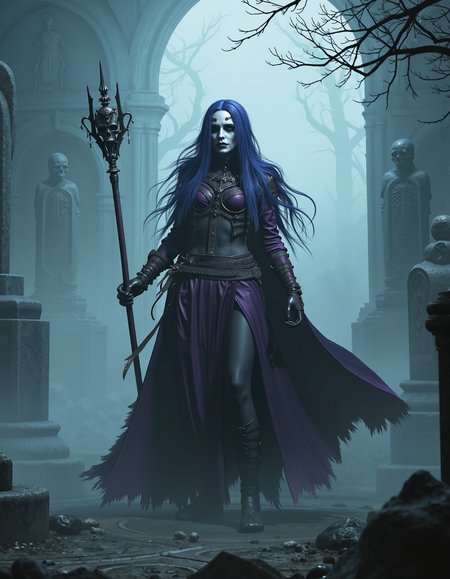 zavy-lch, Low-angle shot capturing the necromancer in a dramatic pose, tall and imposing with a staff in hand, pale white skin appearing almost ghostly, long duotone hair flowing with deep purple and midnight blue highlights. Surrounded by swirling mist in an ancient graveyard, shadows of tombstones punctuating the foggy ground and wisps of ethereal energy rising around them. Shot in a high-contrast gothic style that enhances the dark ambience and eerie details of the scene. A moody color palette dominated by shades of black and deep violet, accented with pale white light creating an ethereal glow.