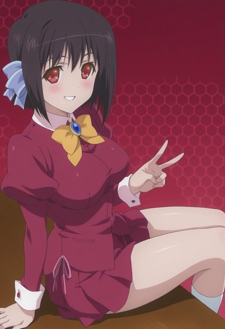 anime screencap, anime coloring, <lora:DX888Tomomi:1> saikyou tomomi, red eyes, black hair, short hair BREAK simple background, red background, (honeycomb background:1.2),  BREAK hair ribbon, school uniform, bow, brooch, puffy sleeves, long sleeves, red shirt, red skirt BREAK    1girl, blush, breasts, grin, gyaru v,  looking at viewer, sitting, solo, thighs, v, arm support, (from above:1.2), (from side:0.9)