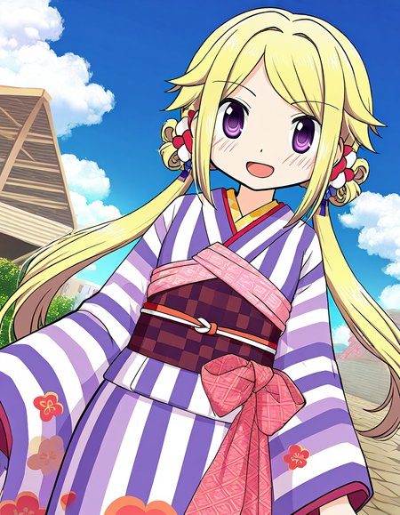 masterpiece, best quality, newest, absurdres, highres, safe, 1girl, mitsuki felicia \(haregi costume\), magia record: mahou shoujo madoka magica gaiden, twintails, smile, open mouth, solo, day, outdoors, dutch angle, <lora:mitsuki_felicia_noobaiXLNAIXL_vPred10Version:0.7>