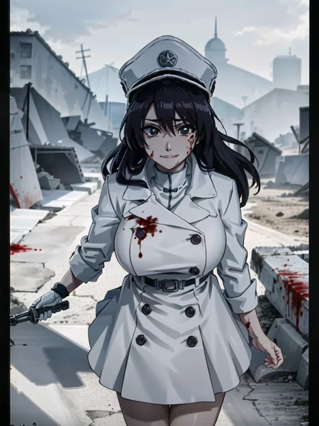 1girl, best quality, masterpiece, solo, 3d rendering, cowboy shot, military uniform, (photorealistic:1.45), (incredibly absurdres:1.2), ultra-detailed, 8k wallpaper, (explosion:1.2), (blood splatter),(evil smile, insane), (large breasts), (blood on clothes), upper body,very long hair, hair strand, crazy face, (mature female), strong rim lighting, bright, (blood on face), black lace panties, standing, 3d rendering, warzone,from above,  <lora:bambiettaBasterbine_v091:0.72>, bambietta