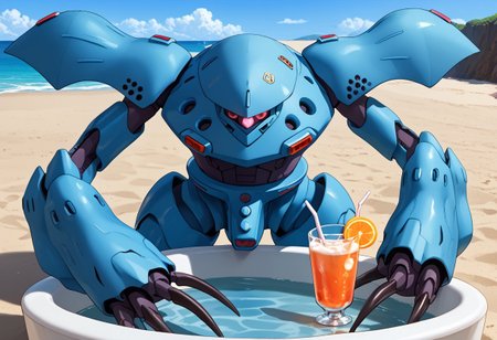 score_9, score_8_up, score_7_up, source_anime, front view, BREAK, ( hygogg, blue_hygogg_armor, pink monoeye, looking at viewer, leaning forward, long arms, very long arms, claw on edge of tub, long claws) 1mech, wide mech, large shoulders, large shoulder armor, mech focus, solo, BREAK, on beach, holding mixed drink,