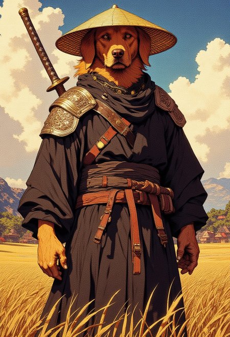 A humanoid golden retriever dressed as a ronnin.  wearing long black japanese robes and a straw hat. He has a katana in a sheath on his hip. 
 He is in a field. 
Full body 
Cinematic lighting, volumetric lighting, 8k quality
