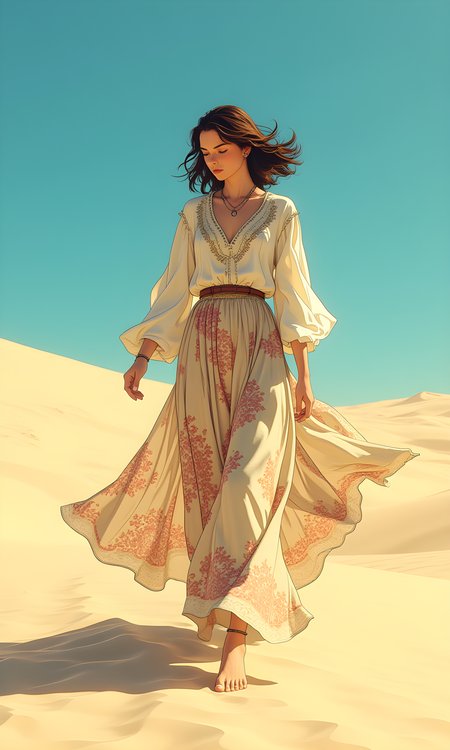A serene and ethereal scene of a woman walking across a vast expanse of sand dunes. The woman is dressed in a flowing, bohemian-style outfit consisting of a white blouse with intricate embroidery and a long, patterned skirt that flutters around her as she moves. Her hair is loose and appears to be blowing in the wind, adding to the sense of movement and freedom. 
The background features a clear blue sky, which contrasts beautifully with the soft, golden tones of the sand. The dunes are smooth and undulating, creating a sense of depth and vastness. The lighting is bright and natural, highlighting the textures of the sand and the details of the woman's clothing. 
The overall mood of the image is one of tranquility and connection with nature. The woman's pose and the flowing lines of her dress create a sense of grace and elegance, while the expansive landscape evokes a feeling of peace and solitude. The combination of the woman's attire, the natural setting, and the dynamic composition makes for a visually stunning and memorable photograph. 
BREAK anime, d13s3lp2nk, bboil artist style, OBdonman, <lora:FLUX\Synesthesia:0.2>, <lora:FLUX\RetroAnimeS1.1:0.4>, <lora:FLUX\Flux-jijia:0.1>, <lora:FLUX\It's a LoRA for portraits, BUT! actually specialized in backgrounds. v1.0:0.1>, <lora:FLUX\GLSHS:0.2>, <lora:FLUX\Dieselpunk Delight - s0_9 g4:0.4>, <lora:FLUX\OBdonman, anime0style portrait:0.1>