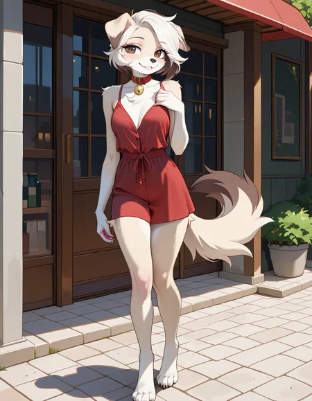 masterpiece, best quality, very aesthetic, absurdres,
outdoors, casual, 
full body, standing, posing, 
seductive smile, parted lips, long eyelashes,
 <lora:Infi_v01_NAIXL:1>,
1nf1,1girl,solo,furry,furry female,dog girl,dog ears,short hair,white hair,brown eyes,snout,animal nose,collar,neck bell,body fur,white fur,dog tail,