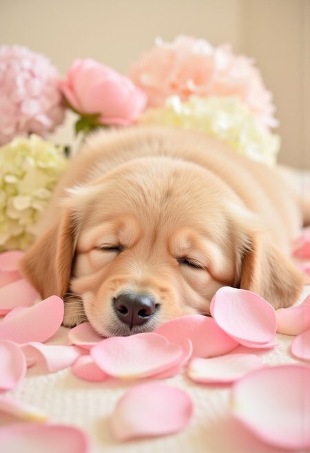 Create a whimsical, heartwarming photograph of a fluffy golden retriever puppy curled up asleep on a bed of soft, pastel-colored flower petals (peony, cherry blossom, and hydrangea). The scene is bathed in soft, diffused natural light, with a shallow depth of field to highlight the puppy’s delicate fur and the petals’ textures. Use a composition style reminiscent of **Elke Vogelsang**'s expressive animal portraits, blending **Annie Leibovitz**'s storytelling warmth and **Tim Walker**'s magical realism. Include subtle bokeh in the background, with a hint of golden hour glow, evoking a dreamlike, serene atmosphere. Shoot with a Canon EOS R5 and an 85mm f/1.4 lens for sharp yet ethereal detail.
