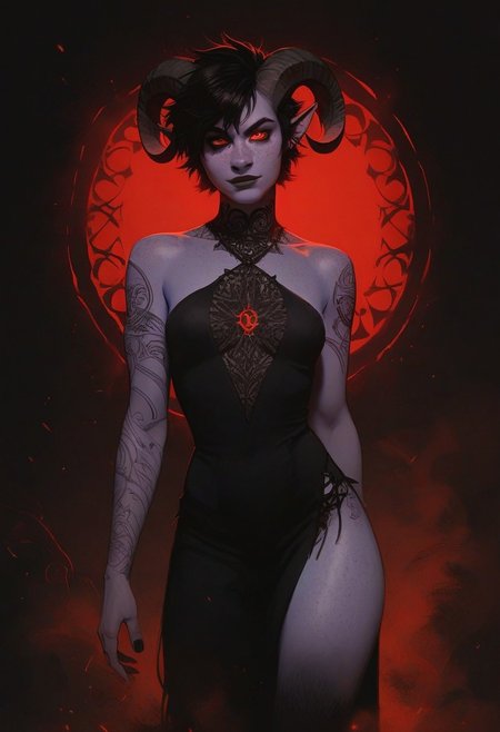 score_9, score_8_up, score_8, score_7_up, score_7, score_6_up,  1girl, black short hair, black demon horns, glowing piercing red eyes, (((purple skin))), ((freckles)), fit body, subtle abs, small breasts, human hands, sexy adult, seductive, dynamic, goat legs, non human legs, legs with fur, Satyr, demonic tattoos on body, red rune tattoos on body. hip with fur, non human hip, tomboy hair, body tattoo, runes on body, ritual marking on body, wearing fancy black dress, cowboy shot, cinematic,