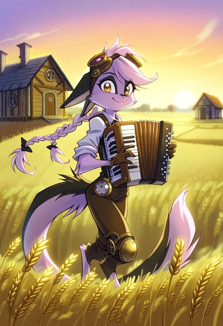 1girl,solo,furry,pink fur,tail,ears,source_furry,
,<lora:Viriathus_Vayu_illustrious:0.8>,
child, kid,
masterpiece, best quality,  long hair, twin braids, farmer outfit,(steampunk), goggles, googles on head, bag, wheat field, outdoors, wind, accordion, holding instrument, playing instrument, gloves, wheat, sunset, farm, house, scenery, landscape, blurry, blurry background, looking at viewer,  smile