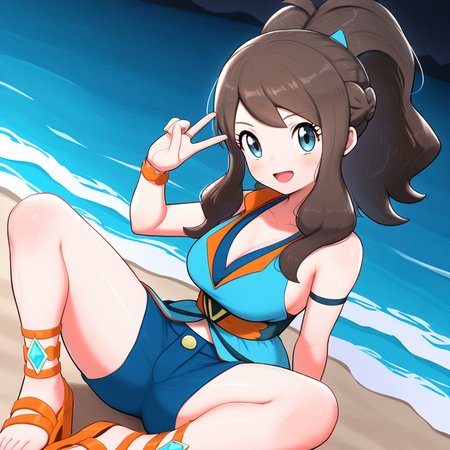 2d, masterpiece, best quality, amazing quality, highres, absurdres, newest, 1girl, solo, sitting, beach, night, from above, dutch angle, looking at viewer, medium breasts,  syghilda, blue eyes, brown hair, sidelocks, high ponytail, antenna hair, sleeveless dress, showgirl skirt, multicolored dress, beige dress, blue dress, v-neck, bridal gauntlets, bracelet, blue shorts, short shorts, sandals, orange footwear, block heels