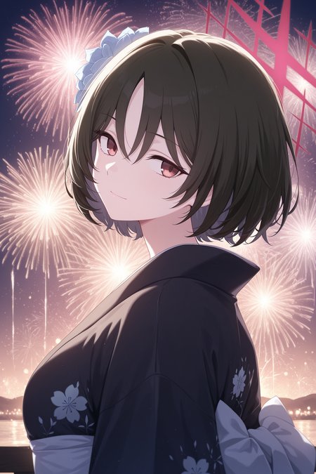masterpiece, best quality, amazing quality, 

imashino_misaki_\(blue archive\), red eyes, black hair, short hair, 

1girl, hair flower, black kimono, patterned clothing, floral print, upper body, (from side:0.4), head tilt, looking at viewer, sideways glance, light smile, closed mouth, outdoors, night sky, aerial (fireworks:1.4), (blue_theme, purple_theme, red_theme, yellow_theme, white_theme:0.6), (lens flare:1.6)
