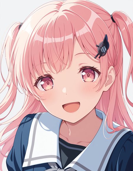 hiromachi nanami, 1girl, tsukinomori school uniform, solo, blue serafuku, grey neckerchief, white sailor collar, looking at viewer, :d, smile, hair ornament, portrait, simple background, grey background, <lora:hiromachi_nanami_illuXL:1>,, very awa, masterpiece, best quality, highres, absurdres, newest,