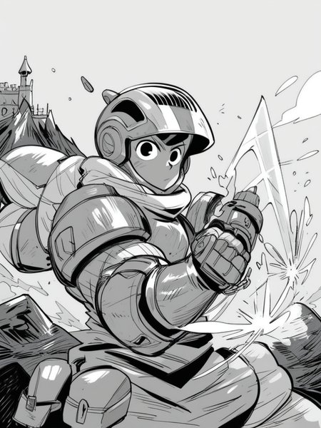 score_9, score_8_up, score_7_up, score_6_up, armored boy, helmet, faceless, mountain, castle, holding a laser sword, looking at viewer, cowboy shot, dynamic pose, cute, wide shot, solo, 
<lora:INKtoonXLP_Style:1> InkToon, monochrome, black eyes, simple white  background, cute, sketch, thin line, cartoon, splash art, concept art