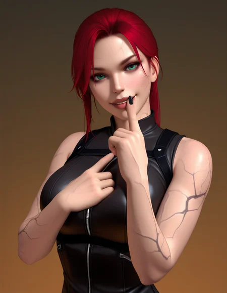 Masterpiece, high-res, 2k, best quality, 2.5d, realistic, 1 girl, laradopple, medium shot, black veins, (tattoo:.7) <lora:laradopple-000037:1>   Playful Arm Fold: Cross your arms in front of your chest leaving one finger slightly extended and tilt your head with a playful expression. This pose adds a touch of mischievousness.
