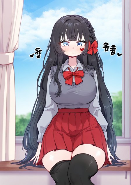 <lora:CHOI1:1>,1girl, shirayuki hina, detailed background, huge breasts, wide hips, black hair, black thighhighs, blue eyes, blurry, blurry background, bow, braid, breasts, closed mouth, collared shirt, curtains, day, feet out of frame, grey shirt, hair bow, hair ornament, heart, heart hair ornament, indoors, korean text, long hair, long sleeves, looking at viewer, pleated skirt, puffy long sleeves, puffy sleeves, red bow, red skirt, shirt, skirt, solo, sunlight, sweater vest, thighhighs, thighhighs pull, transparent, very long hair, window, 
very awa, masterpiece, best quality, highres, absurdes,amazing quality,year 2024,newest
