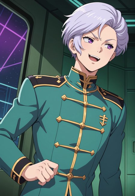 score_9, score_8_up, score_7_up, source_anime, front view, BREAK, ( angelo_sauper, purple eyes, gray hair, best eyes, looking to the side, zeon uniform, smug expression, mouth slightly open, ) 1boy, male focus, solo, BREAK, spaceship interior,
