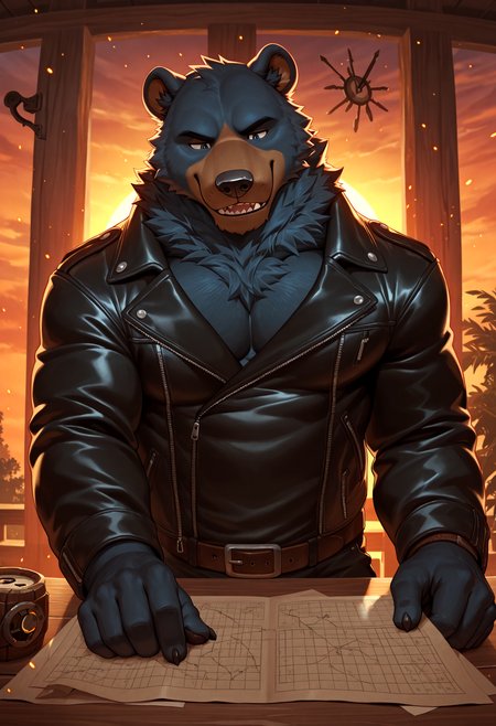 4k, score_9, score_8_up, score_7_up,  mature, male focus, male, (detailed face), (detailed eyes), sharp focus, masterpiece, best quality, amazing quality, good lighting, anthro,  male focus, furry male, sharp teeth, furry, bara, 5finger, Sun Bear anthro, Sun Bear dark blue fur, checking a map, secret hideout, twilight embers, leather jacket, seductive, broken clock, l1ndong,