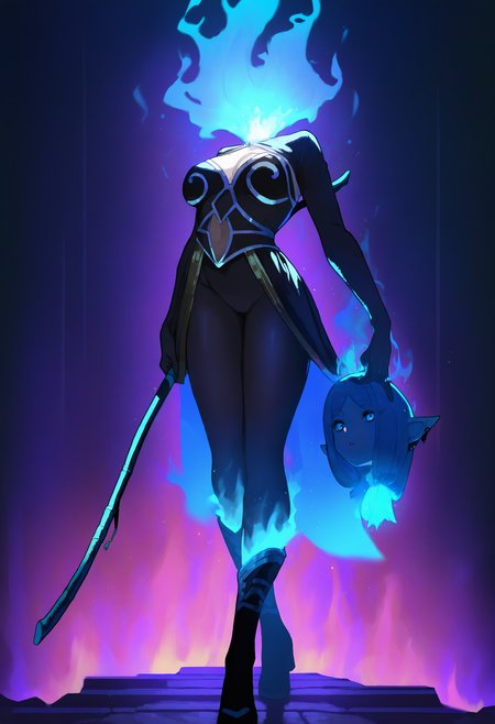 by [ekrea jan|bell orgel|diyokama|yoneyama mai|lam|fuzichoco],
original, 1girl, dullahan, aura \(sousou no frieren\), disembodied head, fantasy, fire, glowing hair, headless, holding detached head, monster girl, pointy ears, solo, blue glow, holding, standing, glowing, blue fire,
masterpiece, best quality, very awa, absurdres
<lora:noobai_epred_11_monster_girls_v1:1>