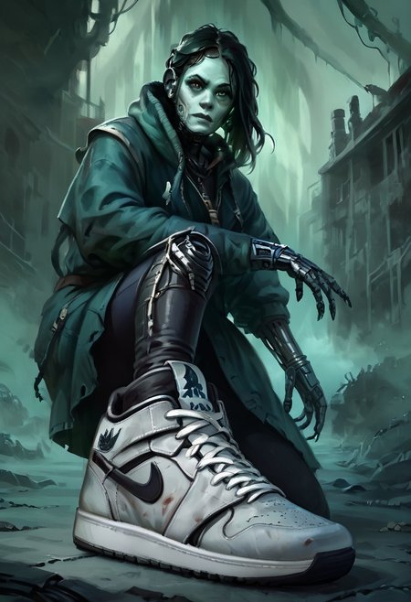 score_9, score_8_up, score_7_up, w4rh4mm3r style oil painting, grimdark, 18 year old female cyborg, eerie horror background, foggy, hud_sh03_sh0w, foreshortening, looking at viewer, sneakers, Nike, wearing cybernetic sneakers, mechanical arms