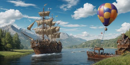 a steampunk ship-like engine is travelling in the sky (not in the water), balloons and clouds at blue sky,  rivers, moutains with grass and forests are in the ground