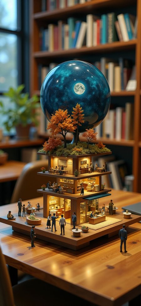 (indoors,indoor,isometric view,side view,tilt-shift lens:2), (fna_style,miniature,miniature,diorama,miniature,diorama,PVC,plastic:2),starry night,autumn giant (multi layers of museum with cafe sphere vertical:2.5) is located center, people, (in wooden square plate:3) (on table at study:3) <lora:Fantasy_Novel_Art_Style:1> <lora:Rostpunk:0.3>