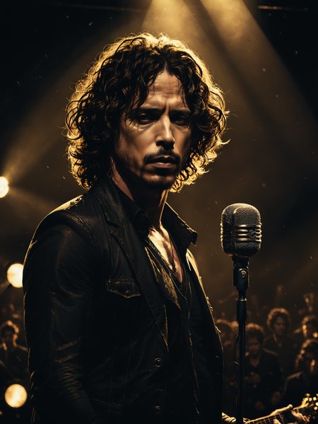 Dark Moody Atmosphere,   portrait of Chris Cornell on stage, singing into a microphone, solo spotlight , dramatic, mysterious, dark moody atmosphere Pitch Perfect, Bumblebee, trending on artstation, detailed, intricate, 4k render <lora:Misty_Vintage:0.5> <lora:xl_more_art-full_v1:0.5>