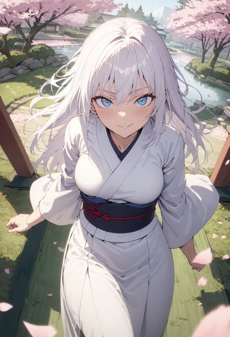 score_9, score_8_up, score_7_up, score_6_up, masterpiece, best quality, absurdres, cinematic, dynamic angle, perfect composition, solo, 1girl, medium breast, gojou satoru, blue eyes, white hair, long hair, kimono, cherry blossoms, sakura petals, Japanese garden, smirk, standing, looking at viewer,