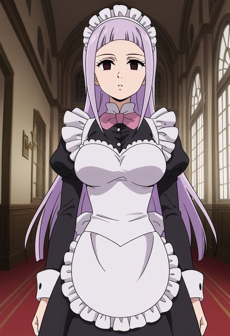 anime screencap,8k, absurd res, 1girl, solo, looking at viewer, long hair, purple hair,bangs,empty eyes,wearing a maid outfit,indoors,detailed background,mansion, hips,melascula,<lora:melascula:1>