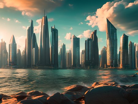 city skyline with skyscrapers, ocean in the foreground, retrofutur5-400,  god rays, volumetric lighting, 10mm, perfect composition, depth of field, sharp focus, centered