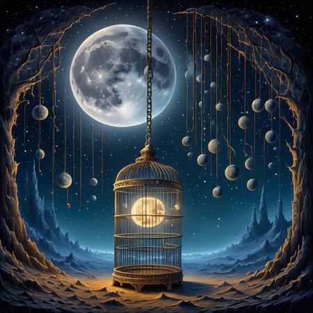 the full moon is trapped in a cage of numbers hanging in the night sky