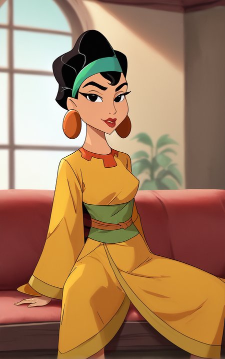 score_9, score_8_up, score_7_up, score_6_up, looking at viewer,  BREAK
MainOutfit_EmprorerGroove_Chicha_ownwaifu, 
1girl, black hair, dark-skinned female, jewelry, black eyes, makeup, lipstick, short hair, headband, hairband, red lips, hair bun, breasts, hoop earrings, single hair bun,
yellow dress, long sleeves, wide sleeves, japanese clothes, belt, orange dress, sash, 
(sitting, spread legs), arms behind back, couch, window shade, indoors, <lora:PONYXL_EmprorerGroove_Chicha_ownwaifu:0.95> , depth of field, solo,