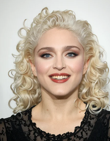 Madonna a woman smiling with White platinum big bond curls, white light makeup on face, blush, dark eyeliner and mascara and red lipstick, blue eyes, in a black dress with a white background. 

