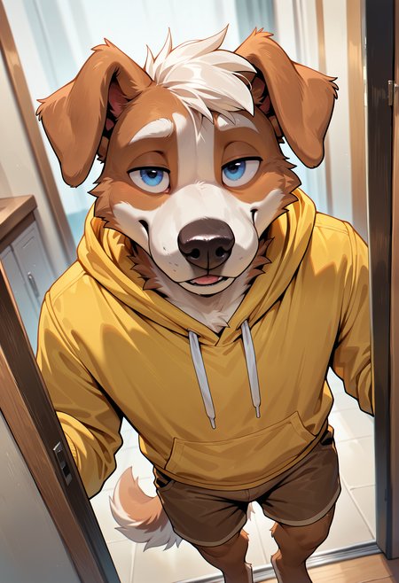 photorealism, photorealistic, chromatic aberration, depth of field, detailed background, eye reflections, reflections,   dutch angle, male, solo, 1boy, adult, furry, anthro, tail, male focus, digitigrade, michi_(oc), animal ears, floppy ears, dog boy, seductive, looking at viewer, yellow hoodie, brown shorts,   flirty expression, seductive glance,   masterpiece, best quality, amazing quality, very aesthetic, absurdres, newest,   (artist:syuro:0.8), (artist:nomax:0.5), (artist:honovy:0.6), (artist:kenket:0.6), (artist:taran fiddler:0.6),  <lora:Michi_OC_Illustrious.safetensors:0.8>,