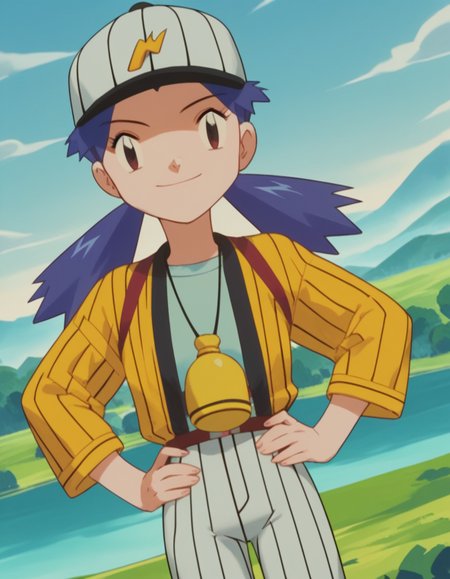 score_9, score_8_up, score_7_up, source_anime,
pokemoncasey, <lora:pokemon-casey-anime-ponyxl-lora-nochekaiser:1>,
casey, long hair, twintails, blue hair,
shirt, long sleeves, hat, striped, white headwear, baseball cap,
landscape, smile, hands on hips,
looking at viewer, cowboy shot, dutch angle, solo,
