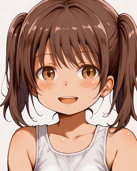 1girl,simple_background,portrait,(traditional_art,watercolor:0),blurry,large_eyes,open_mouth,smile,brown_hair,short_twintails,tanktop,blush,
<lora:fujisakalyric:1>