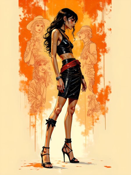 inksketch,FFAIM,A slender, long-legged Japanese woman adopts an unusual, eccentric pose reminiscent of the iconic poses of characters from Hirohiko Araki famous manga JoJo's Bizarre Adventure. Her pose demonstrates the model's boldness and confidence, exaggerated angles and dynamic artistic taste. The image conveys the model's elegance and uniqueness by combining fashion and anime aesthetics, making it both vibrant and avant-garde.The beige background is filled with a holographic grid of patterned figures, drawn in warm colors, with an autumnal atmosphere. mythp0rt, aidmaimageupgrader, aidmaMJ6.1m, detailmaximizer <lora:aidmaImageUpgrader-FLUX-V0.2:1.0> <lora:flux.1_lora_flyway_Epic-detail_v2:0.8> <lora:aidmaMJ6.1_aidmaMJ6.1-FLUX-v0.4:0.6> <lora:mythp0rt_FluxMythP0rtr4itStyle:0.7> <lora:v1v1dr34m:0.7> <lora:Luminous_Shadowscape-000016:0.6>