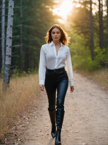 A dynamic cinematic photograph of Anna_Bianchi_P_MXAI_SDXL walking through the woods, wearing a leather duster, wearing leather pants, wearing a white shirt, wearing black boots, walking towards the camera, golden hour, god rays, SK_CINEMATIC, ziprealism