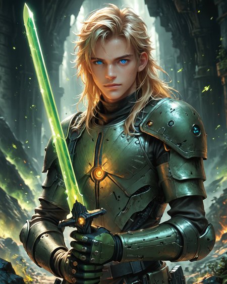 score_9, score_8_up, score_7_up, intricate details, rating_questionable, fantasy setting,
<lora:homri52:1>,
<lora:Plasma_Sword:1>,
1boy(human, young man, pale skin, long hair, blond hair, blue eyes, swedish, science fiction, mercenary, holding a plasma sword, glowing green Plasma Sword, crackling green energy around the sword, solo, cowboy shot), alien battlefield, craters, trenches, detailed background, depth of field, 
best quality,
<lora:ral-chrosc-clr:0.5>, ral-chrosc-clr,
<lora:Expressive_H:0.5>
<lora:xl_more_art-full_v1:0.3>,
<lora:add-detail-xl:0.3>,